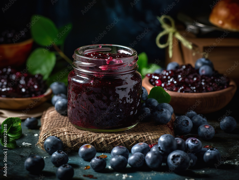 Blueberry jam in a glass jar and fresh berries on a dark background. Blueberry jam and fresh blackberries. Jar of gooseberry jam. Realistic 3D illustration. Generative AI Blueberry jam in a glass jar and fresh berries on a dark background. Blueberry jam and fresh blackberries. Jar of gooseberry jam. Realistic 3D illustration. Generative AI