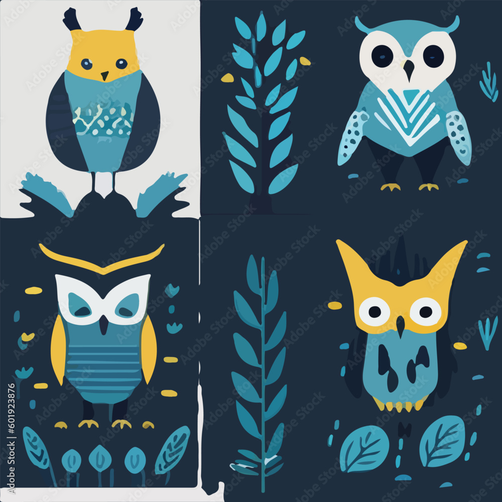 Hand drawn vector abstract graphic cartoon illustrations cards set template with beauty cute minimalistic style wildlife Owl print set. Wild life Owl animal concept design art