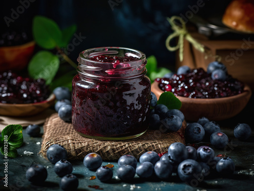 Blueberry jam in a glass jar and fresh berries on a dark background. Blueberry jam and fresh blackberries. Jar of gooseberry jam. Realistic 3D illustration. Generative AI