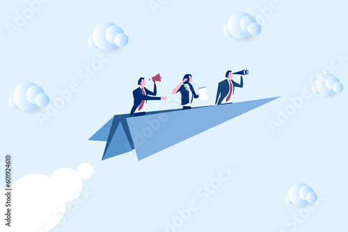 Business group flying on paper plane, business vision. paper plane and businesspeople. Vector illustration.