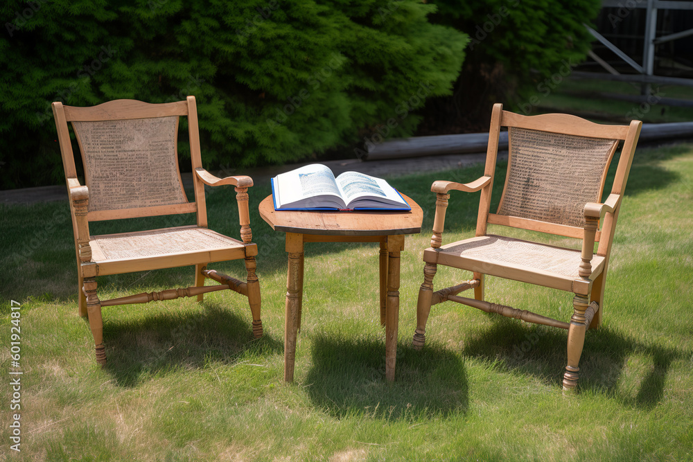 two old style wooden chairs and journal table in the garden on the sunny day