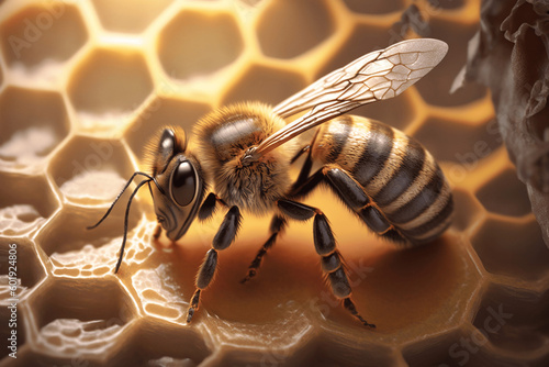 A Honey Bee on Honeycomb Macro Portrait Shot, Generative Ai