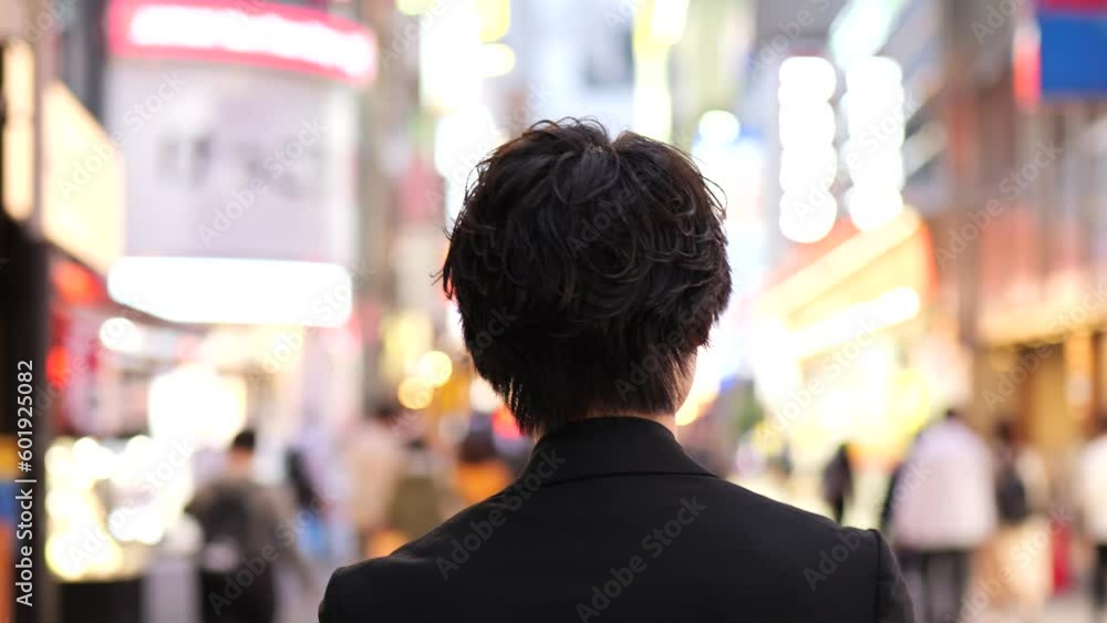 夜の新宿の繁華街を歩く若い男の後ろ姿のスローモーションショット 夜の新宿の繁華街を歩く若い男の後ろ姿のスローモーションショット