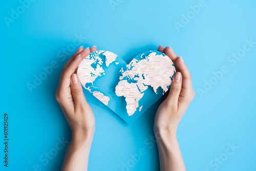 Female hands, painted nails, forming heart shape world map, isolated on blue background. World environment day, Earth day, love