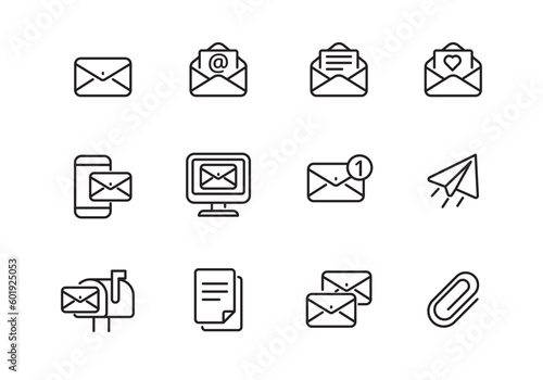 Set of mail icons in line style isolated on white background