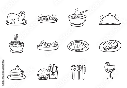 Set of foods vector illustration in cute doodle style isolated on white background