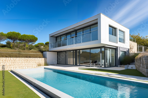 The modern facade of a luxury villa. Luxury modern property design concept