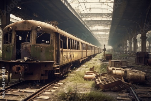 Post-apocalyptic city with abandoned train station and trains. Generative AI