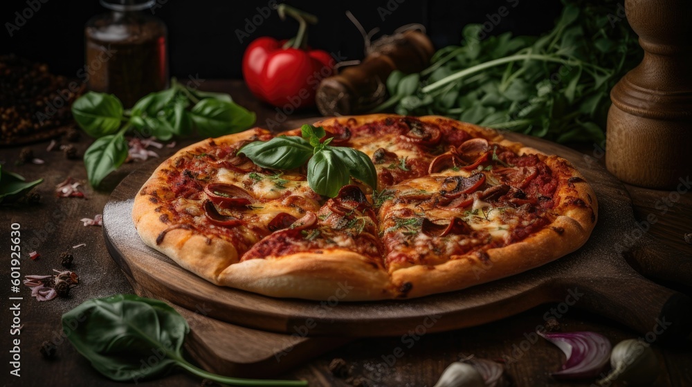 pizza with mushrooms and tomatoes. Generative AI pizza with mushrooms and tomatoes. Generative AI