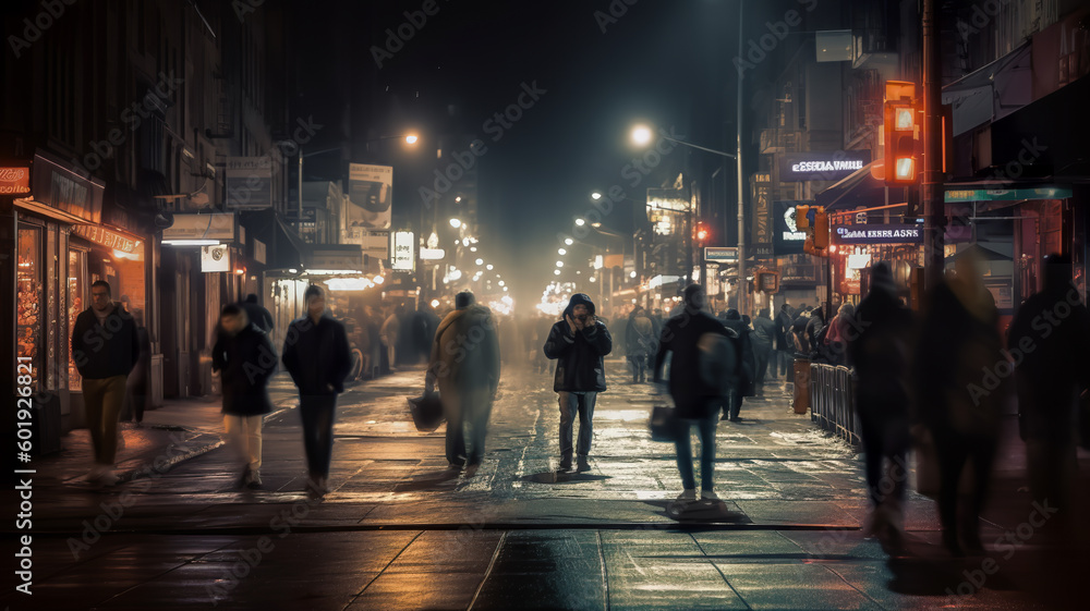 blurred people in night city street