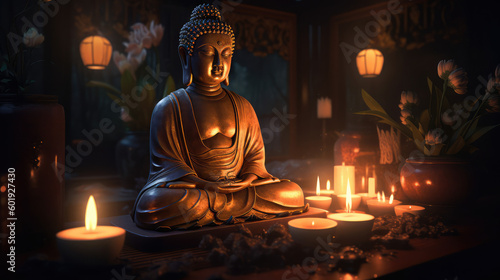 Lotus flowers and gold buddha statue  generative AI