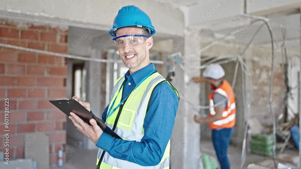 Two men builders writing document working at construction site Two men builders writing document working at construction site