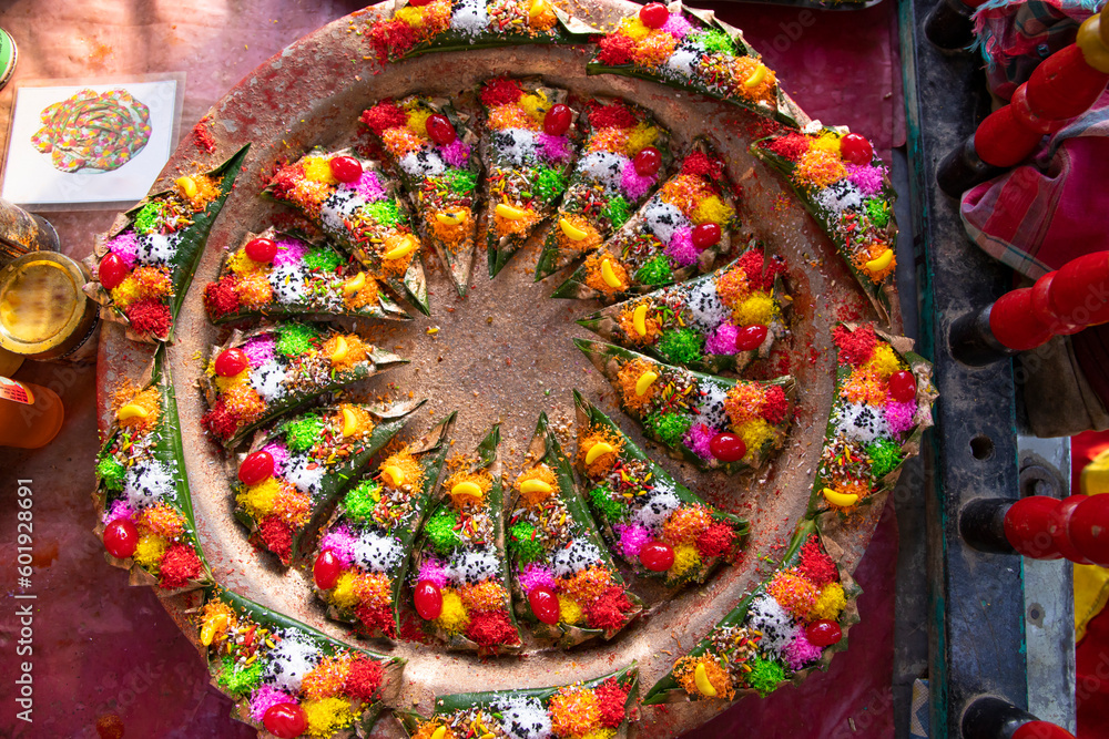 Decorated Bangladeshi Traditional garnish Colorful masala kasturi paan or betel leaf