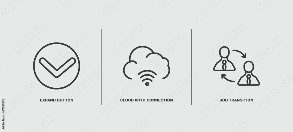 set of user interface thin line icons. user interface outline icons included expand button, cloud with connection, job transition vector.