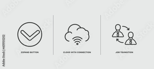set of user interface thin line icons. user interface outline icons included expand button, cloud with connection, job transition vector.