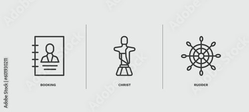 set of travel and trip thin line icons. travel and trip outline icons included booking, christ, rudder vector.