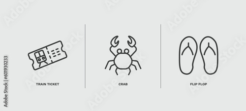 set of travel and trip thin line icons. travel and trip outline icons included train ticket, crab, flip flop vector.