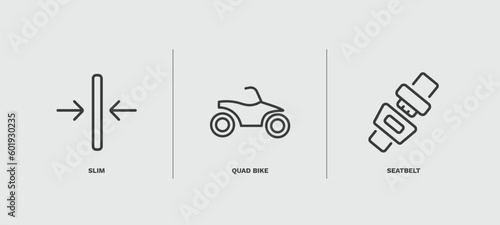 set of transportation thin line icons. transportation outline icons included slim, quad bike, seatbelt vector.