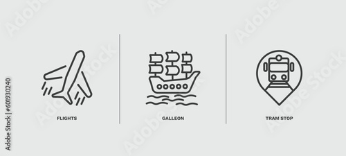 set of transportation thin line icons. transportation outline icons included flights, galleon, tram stop vector.