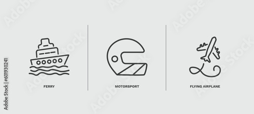 set of transportation thin line icons. transportation outline icons included ferry, motorsport, flying airplane vector.