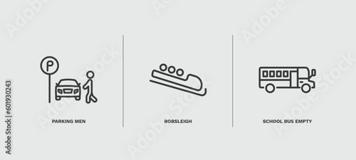 set of transportation thin line icons. transportation outline icons included parking men, bobsleigh, school bus empty vector.