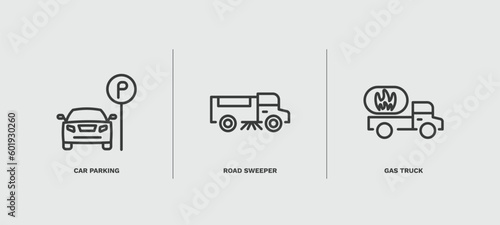 set of transportation thin line icons. transportation outline icons included car parking, road sweeper, gas truck vector.