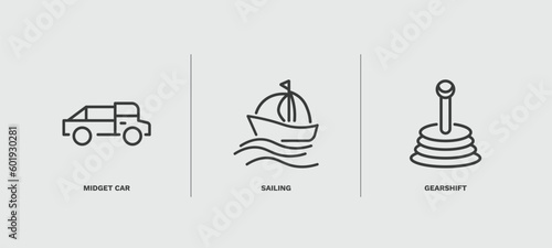 set of transportation thin line icons. transportation outline icons included midget car, sailing, gearshift vector.