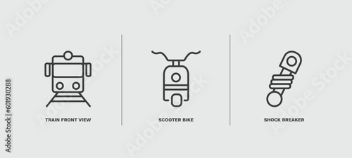 set of transportation thin line icons. transportation outline icons included train front view, scooter bike, shock breaker vector.