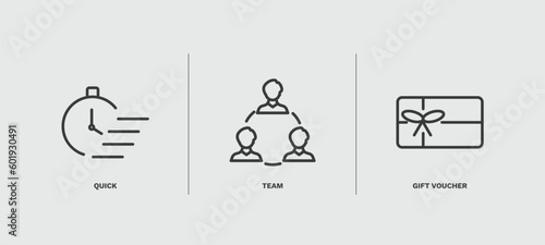set of startup and strategy thin line icons. startup and strategy outline icons included quick, team, gift voucher vector.