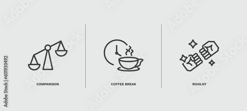 set of startup and strategy thin line icons. startup and strategy outline icons included comparison, coffee break, rivalry vector.