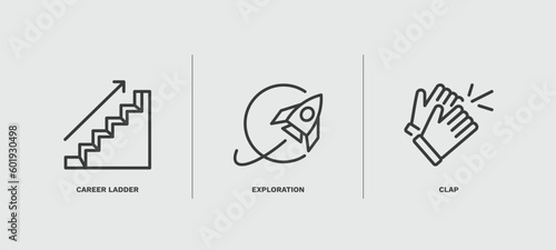 set of startup and strategy thin line icons. startup and strategy outline icons included career ladder, exploration, clap vector.