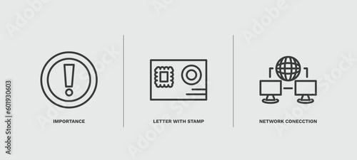 set of social media marketing thin line icons. social media marketing outline icons included importance, letter with stamp, network conecction vector.