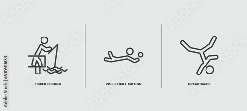 set of sport and game thin line icons. sport and game outline icons included fisher fishing, volleyball motion, breakdance vector.