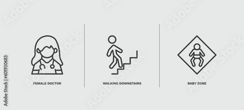 set of people and relation thin line icons. people and relation outline icons included female doctor, walking downstairs, baby zone vector.