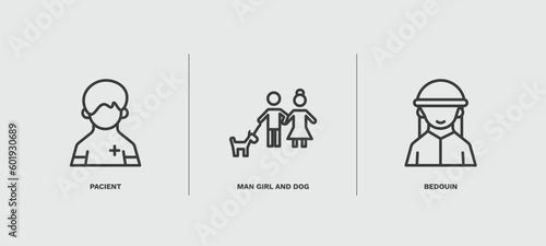 set of people and relation thin line icons. people and relation outline icons included pacient, man girl and dog, bedouin vector.