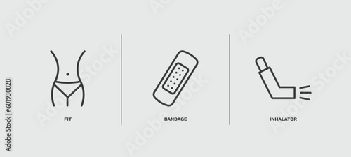 set of medical thin line icons. medical outline icons included fit, bandage, inhalator vector.