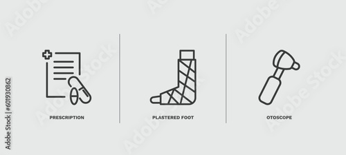 set of medical thin line icons. medical outline icons included prescription, plastered foot, otoscope vector.