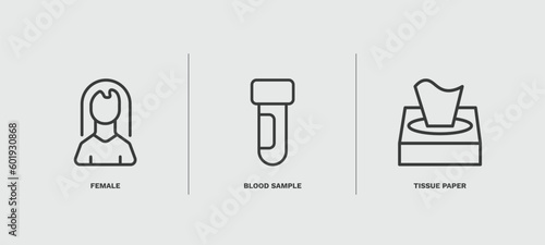 set of medical thin line icons. medical outline icons included female, blood sample, tissue paper vector.