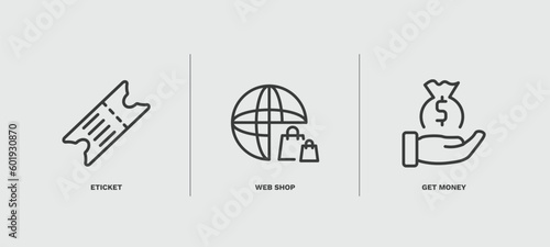 set of marketing thin line icons. marketing outline icons included eticket, web shop, get money vector.