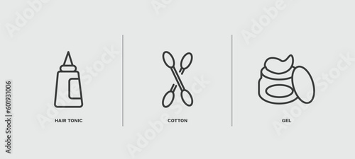 set of hygiene and sanitation thin line icons. hygiene and sanitation outline icons included hair tonic, cotton, gel vector.