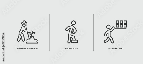 set of humans and behavior thin line icons. humans and behavior outline icons included gardener with hat, proud pose, storekeeper vector.