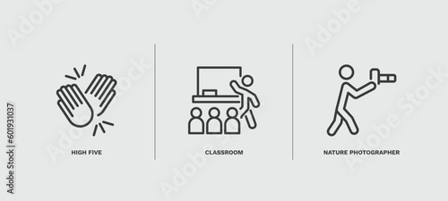 set of humans and behavior thin line icons. humans and behavior outline icons included high five, classroom, nature photographer vector.