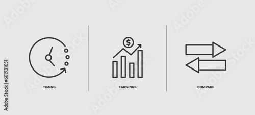 set of human resources thin line icons. human resources outline icons included timing, earnings, compare vector.