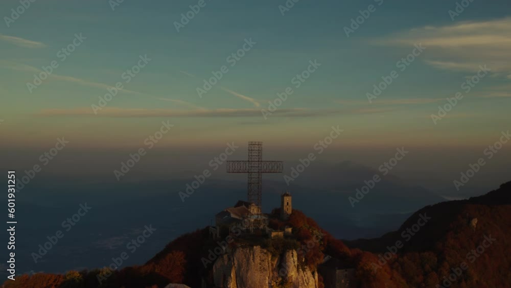 Sunrise vivid colorful aerial of a Sanctuary on the summit of a mountain Italy Sanctuary of Our Lady 'del Monte Sacro' Sunrise vivid colorful aerial of a Sanctuary on the summit of a mountain Italy Sanctuary of Our Lady 'del Monte Sacro'