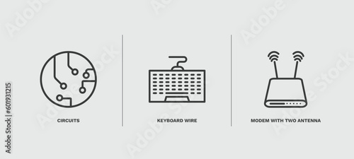 set of hardware and equipment thin line icons. hardware and equipment outline icons included circuits, keyboard wire, modem with two antenna vector.