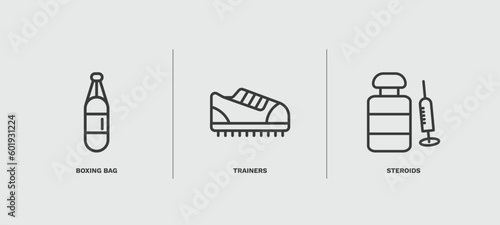 set of fitness and gym thin line icons. fitness and gym outline icons included boxing bag, trainers, steroids vector.