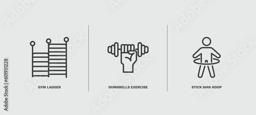 set of fitness and gym thin line icons. fitness and gym outline icons included gym ladder, dumbbells exercise, stick man hoop vector.
