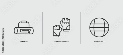 set of fitness and gym thin line icons. fitness and gym outline icons included gym bag, fitness gloves, power ball vector.