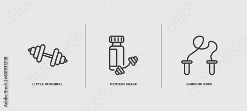 set of fitness and gym thin line icons. fitness and gym outline icons included little dumbbell, protein shake, skipping rope vector.