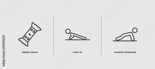 set of fitness and gym thin line icons. fitness and gym outline icons included energy snack, push up, pushups exercises vector.